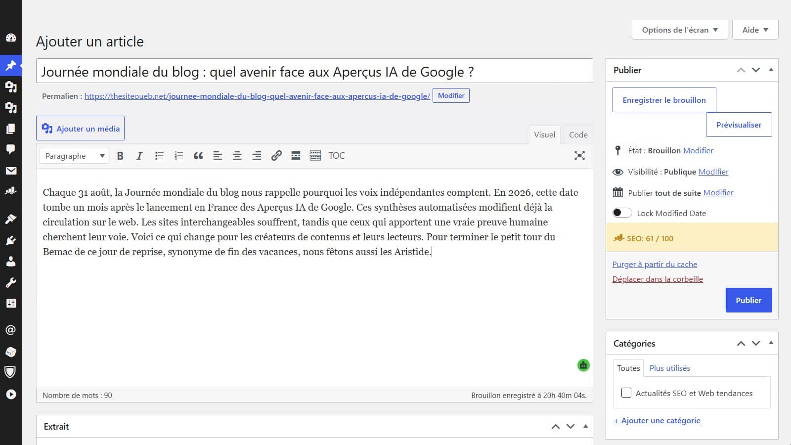 Backend du CMS Wordpress pour les articles de blog (Crédit : capture ArcusWeb)