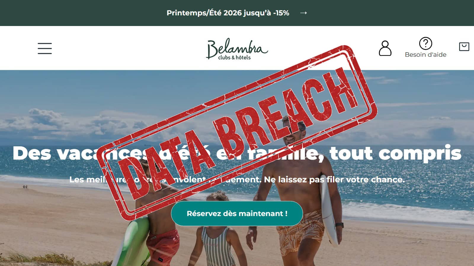 Page du site Belambra et tampon Data Breach (Crédit : capture site web)