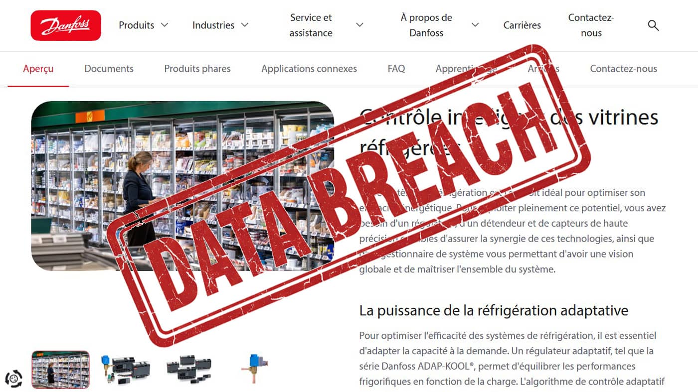 Page Danfoss contrôle vitrines réfrigérées et tampon Data Breach (Crédit : capture site)