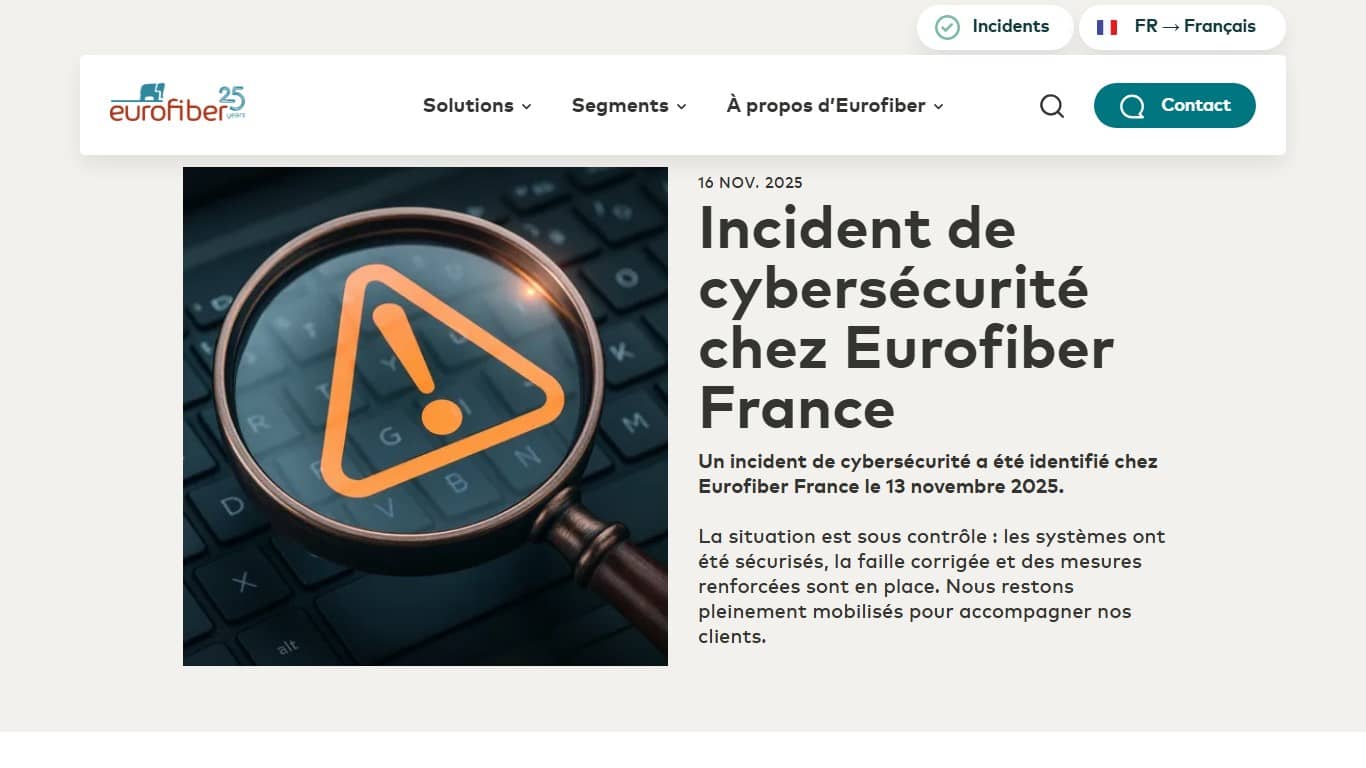 Page incident de cybersécurité chez Eurofiber France