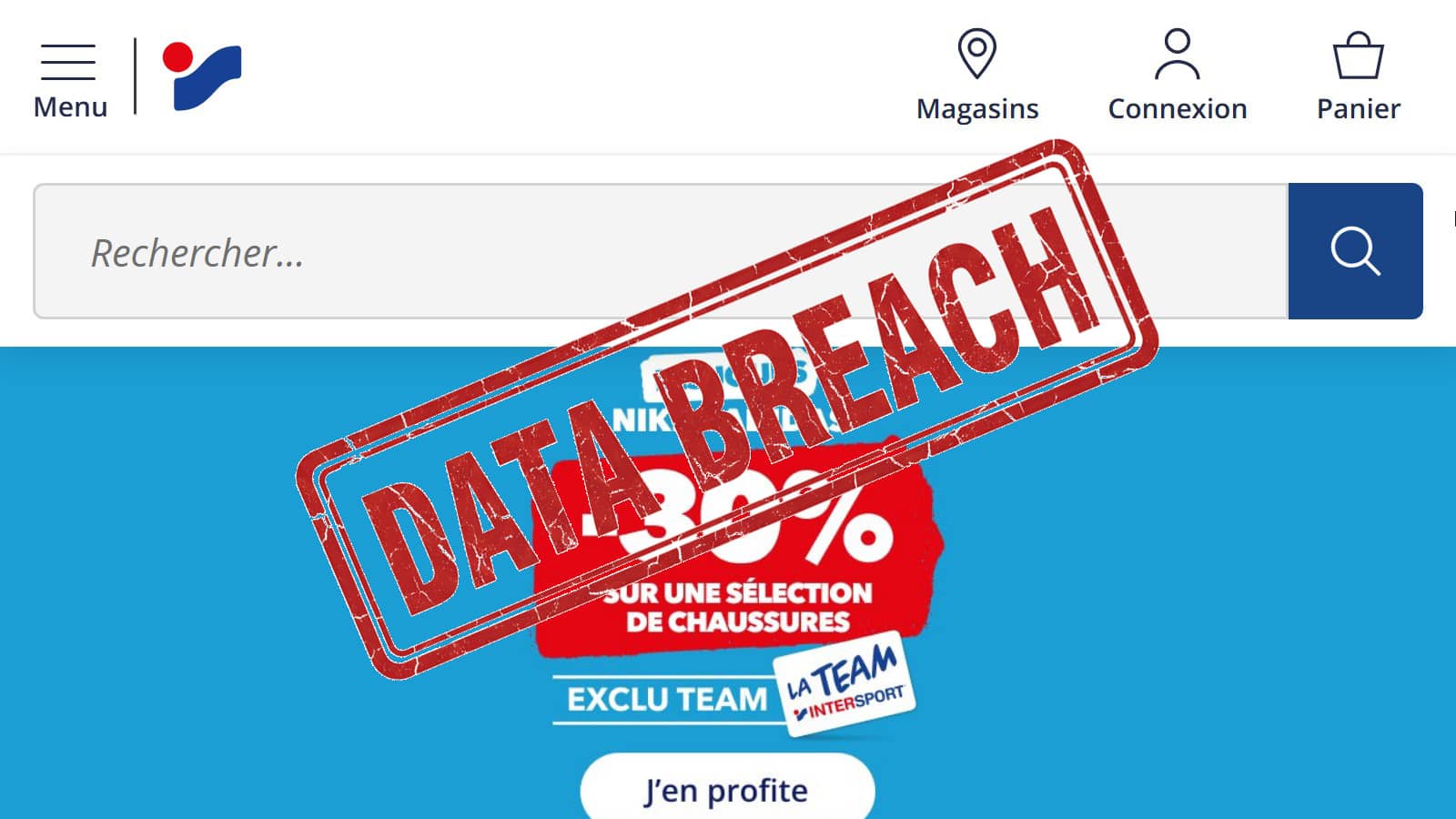 Le site officiel d’Intersport avec un tampon Data Breach (Crédit : capture Intersport)