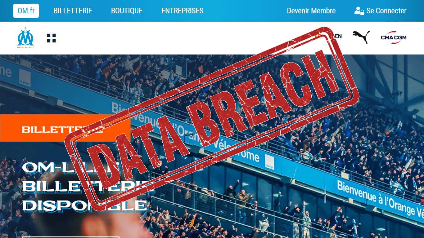 Page d’accueil officielle OM avec un tampon Data Breach (Crédit : capture OM)
