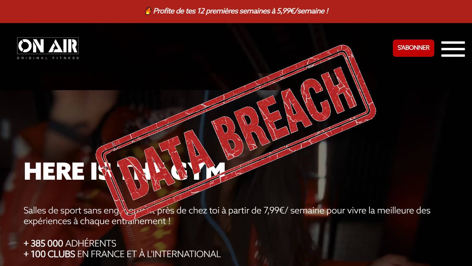 Page d’accueil On Air Fitness avec un tampon Data Breach (Crédit : capture On Air)