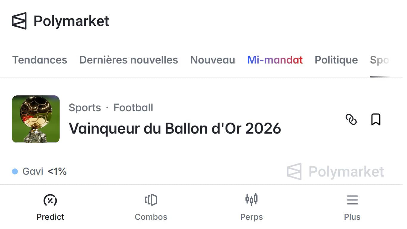 La page Polymarket consacrée au vainqueur du Ballon d’Or 2026 (Crédit : capture site)