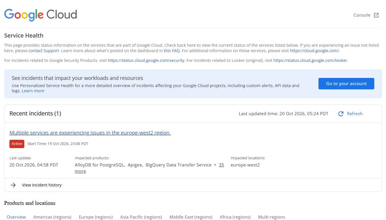 Page status Google Cloud incidents récents (Crédit : capture site web)