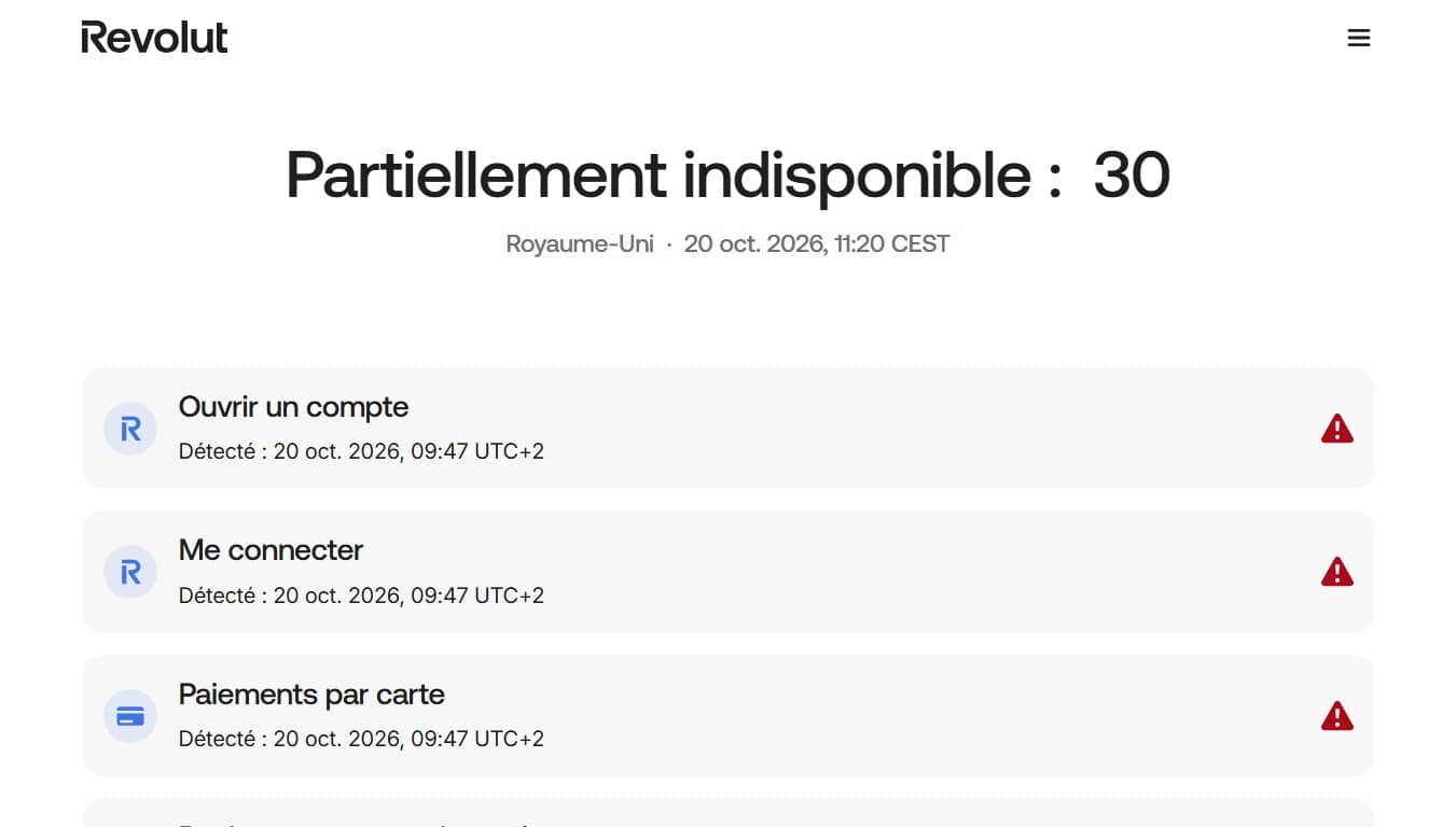 Page status Revolut 30 services partiellement indisponibles (Crédit : capture site web)