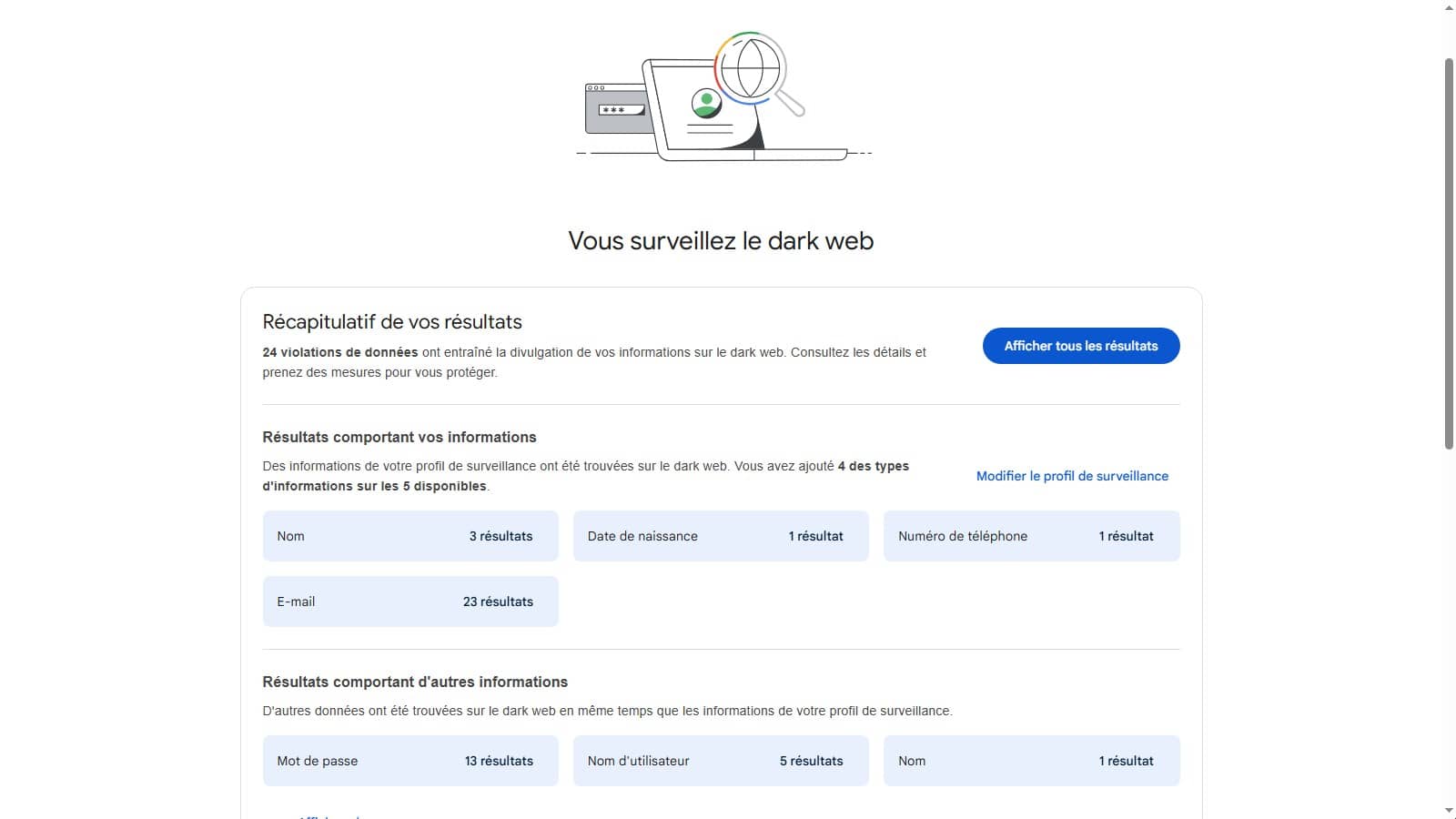 Page de surveillance Dark Web de son compte Google (Crédit : capture Google)