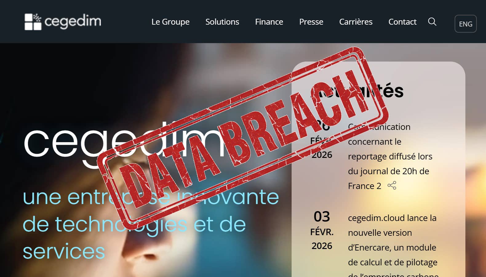  La page web Cegedim avec un tampon Data Breach (Crédit : capture Cegedim)