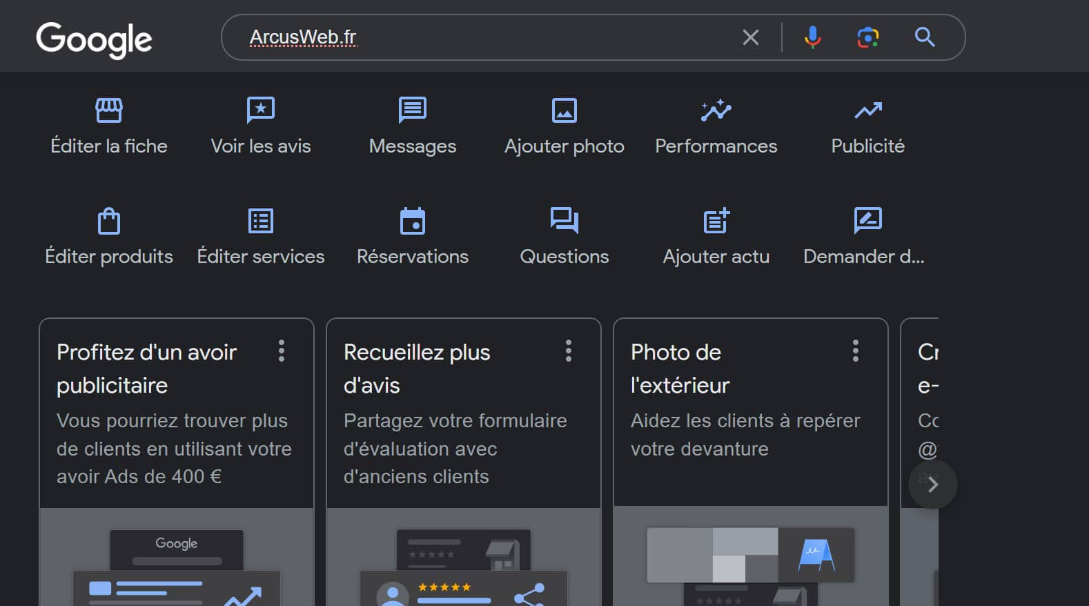 Page Web Google Business Profiles ArcusWeb.fr