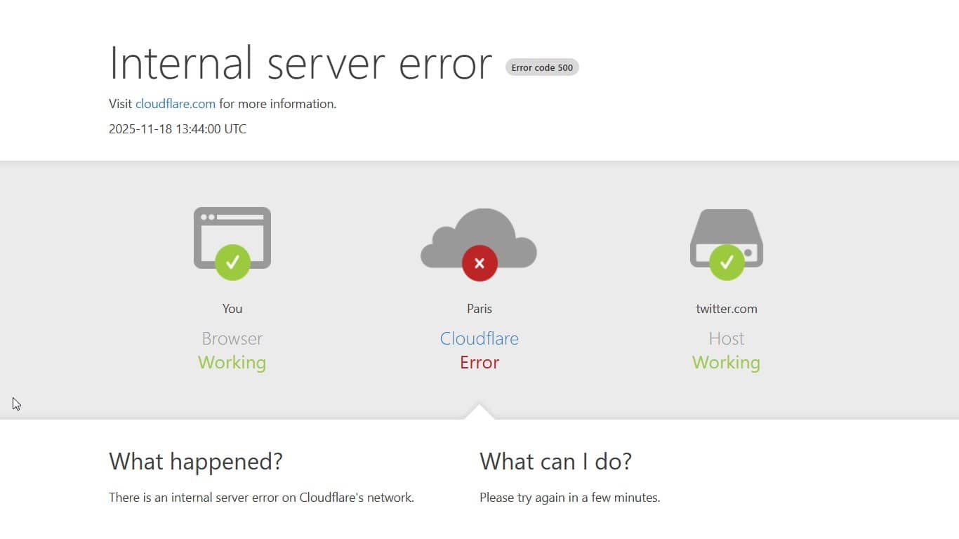 Internal server error Error code 500 : message de Cloudflare