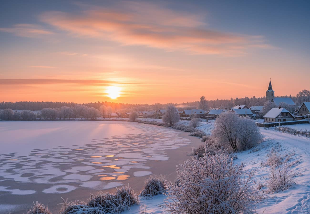 Lever du soleil dans la campagne enneigée (Crédit : Alex.I)