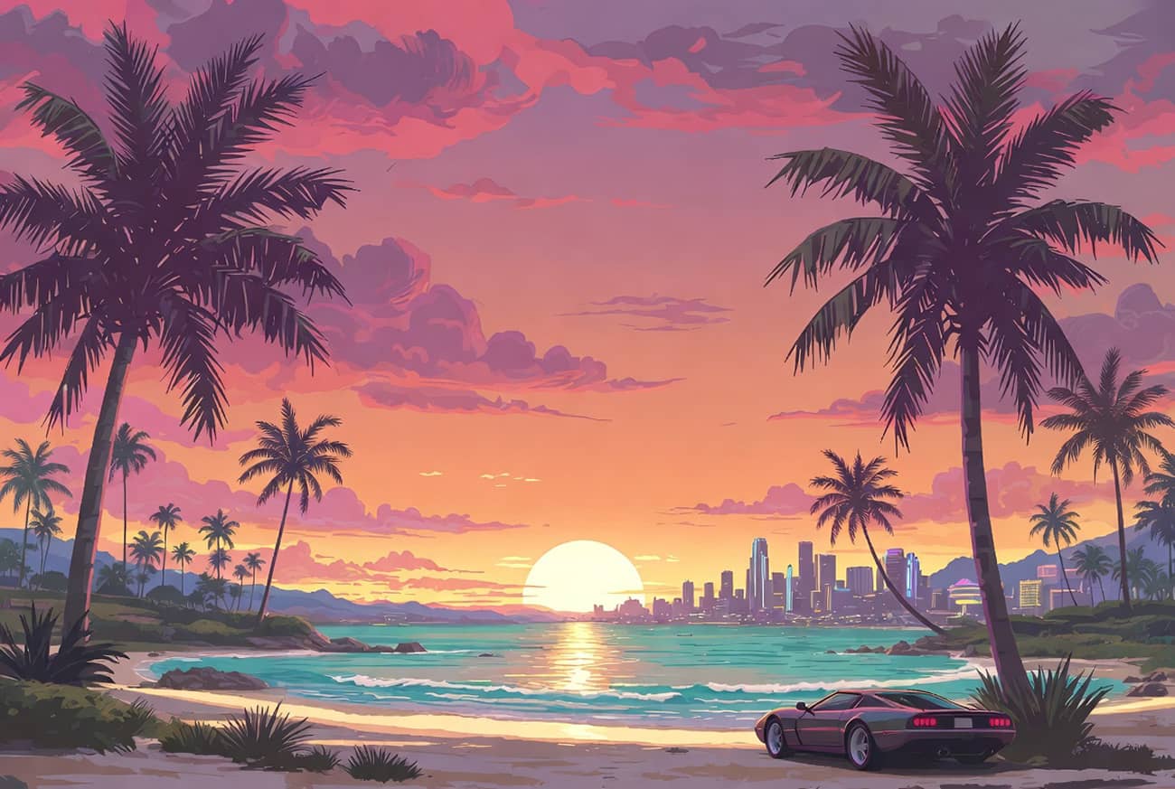 Plage tropicale à la Vice City au crépuscule avec voiture de sport (Crédit : Alex.I)