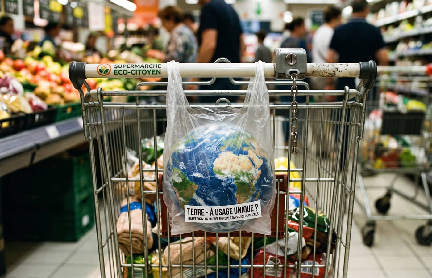 La Terre dans un sac plastique accroché à un caddy de supermarché (Crédit : Alex.I)