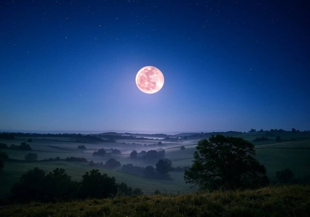 Pleine Lune rose dans la campagne (Crédit : Alex.I Grok)