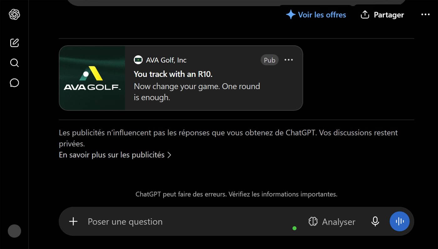 Publicité Ava Golf Inc. sur ChatGPT en France (Crédit : capture interface IA)