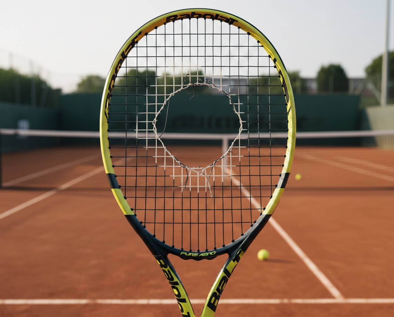Une raquette de tennis trouée au milieu du tamis (Crédit : Alex.I)