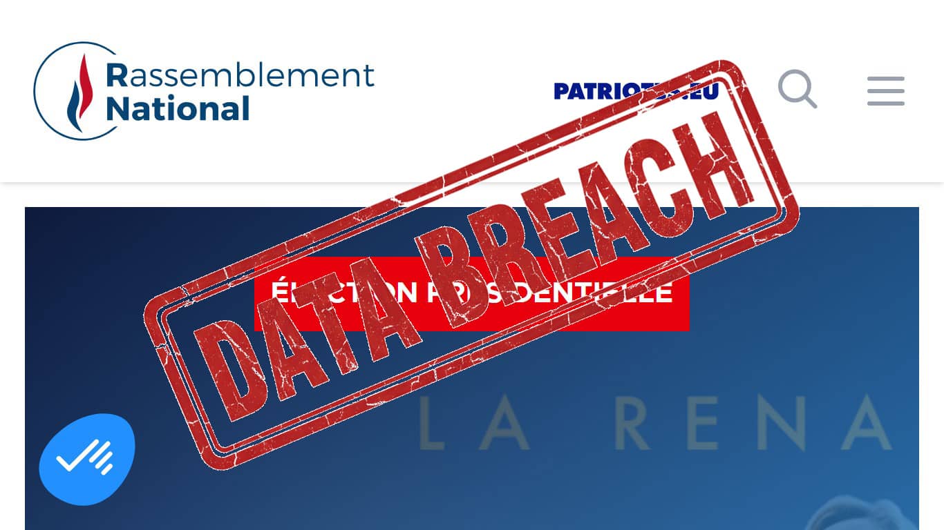Page accueil Rassemblement National et tampon Data Breach (Crédit : capture site web)