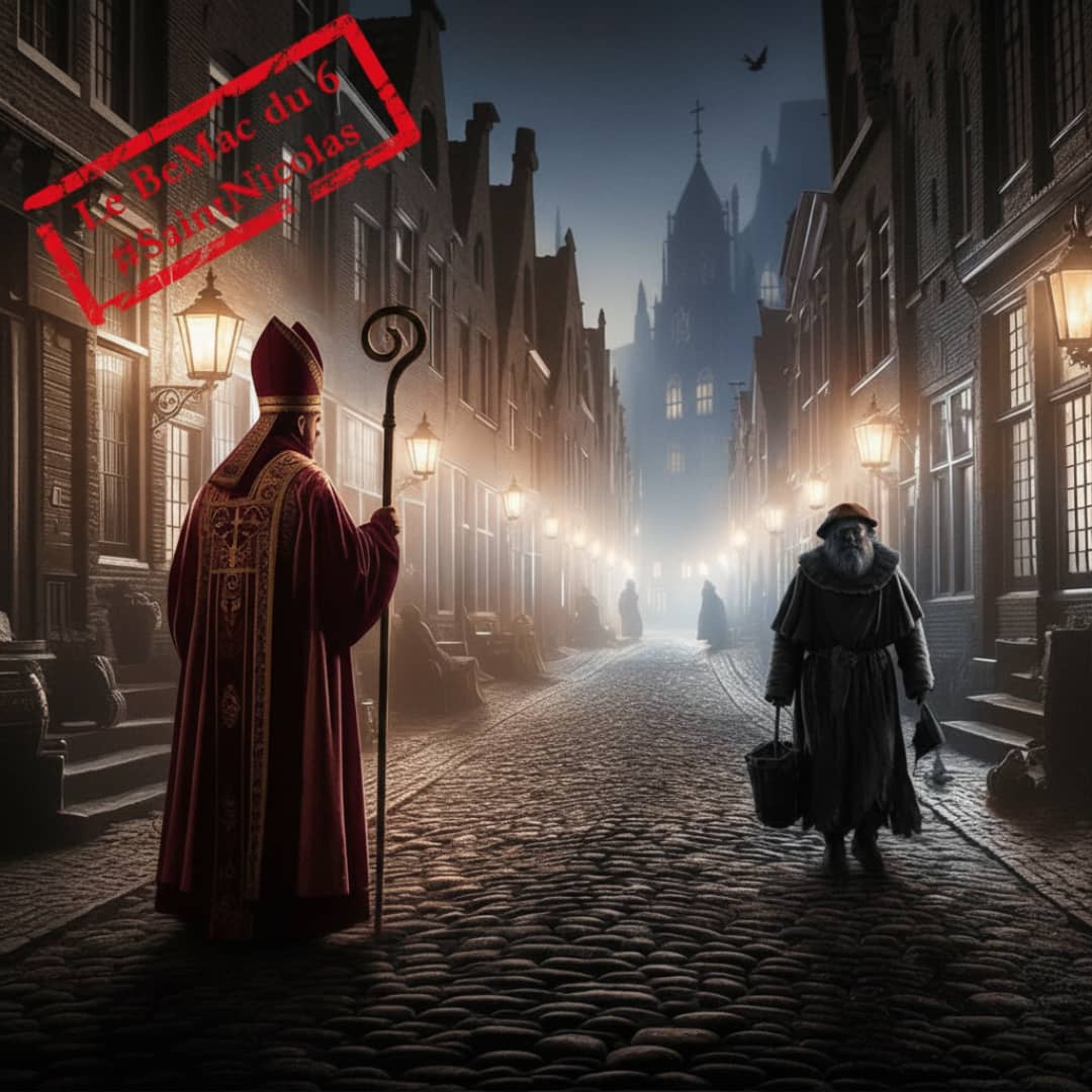 Saint Nicolas et le Père Fouettard dans une rue pavée de Strasbourg  (Crédit : Alex.I)