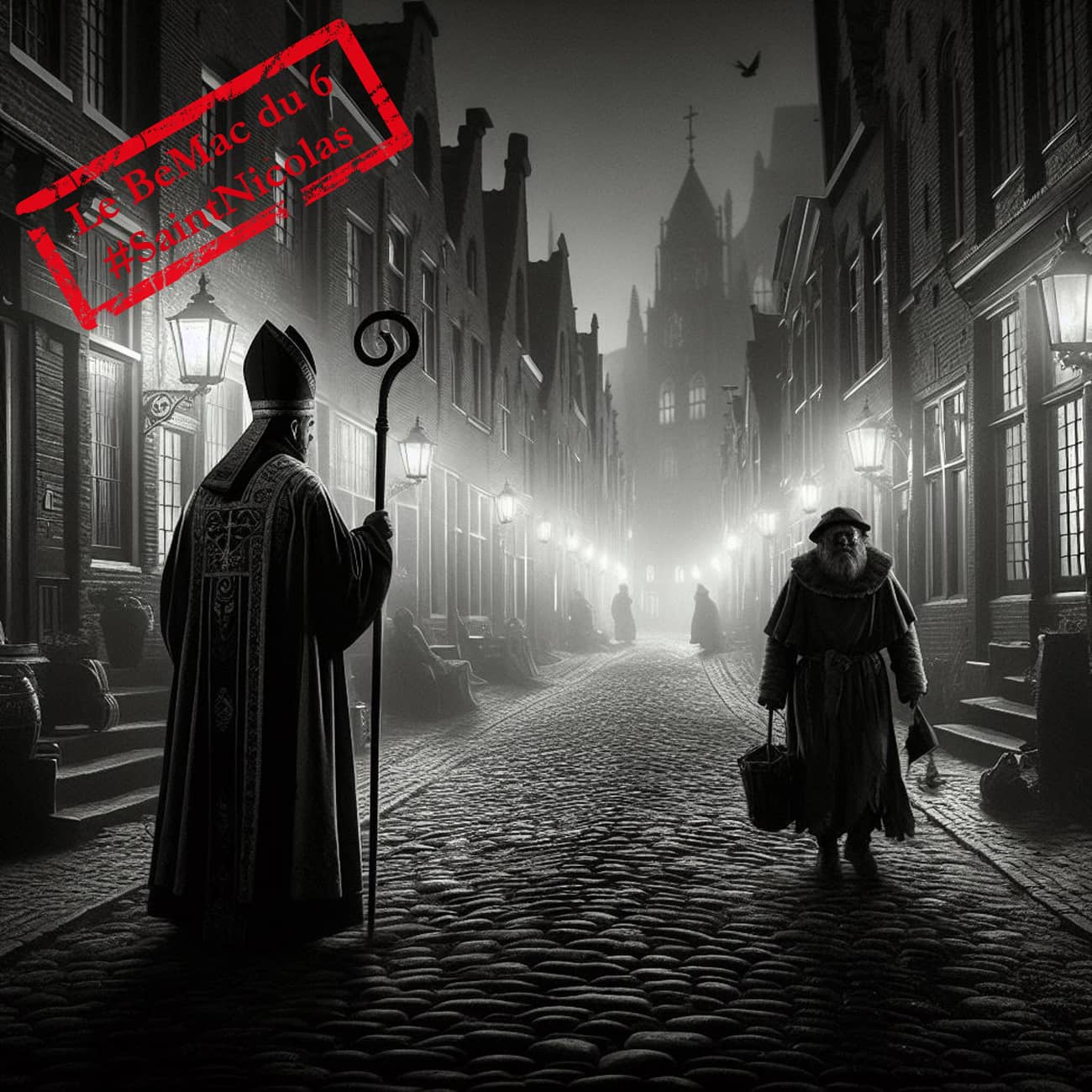 Représentation de Saint Nicolas et du Père Fouettard en noir et blanc ( Crédit Alex.I )