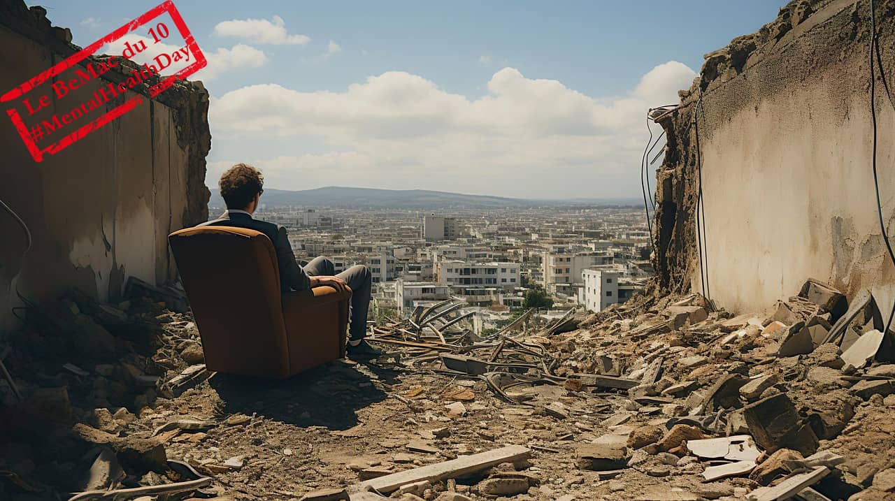 Un homme assis dans un fauteuil regarde la catastrophe (Crédit : Jeanette Atherton)
