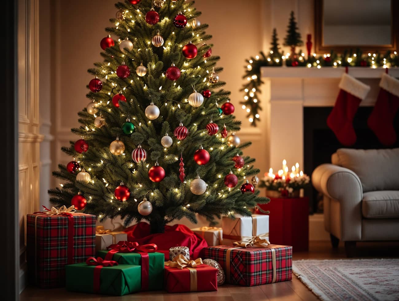Un sapin de Noël et des cadeaux devant la cheminée (crédit : Alex.I)