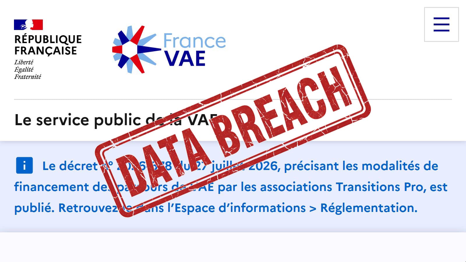 Page accueil France VAE et tampon Data Breach (Crédit : capture site web)