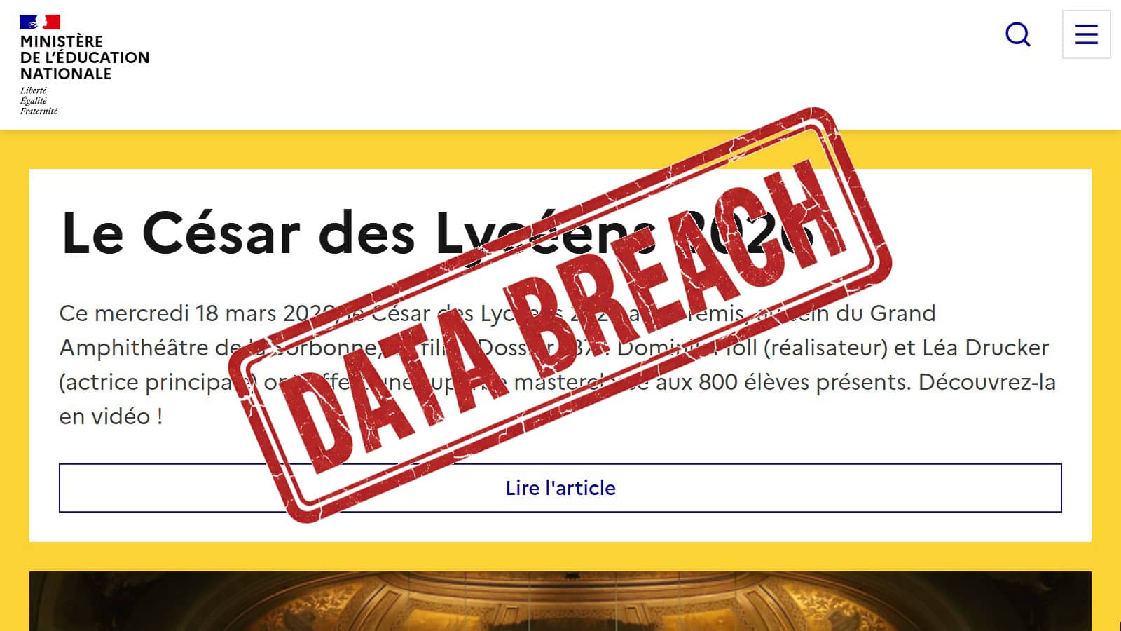 Ministère éducation nationale et tampon Data Breach  (Crédit : capture site web)