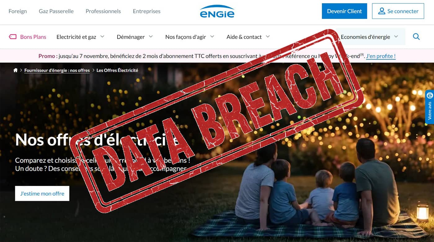 Page d’accueil Engie et tampon Data Breach (Crédit : capture site web)