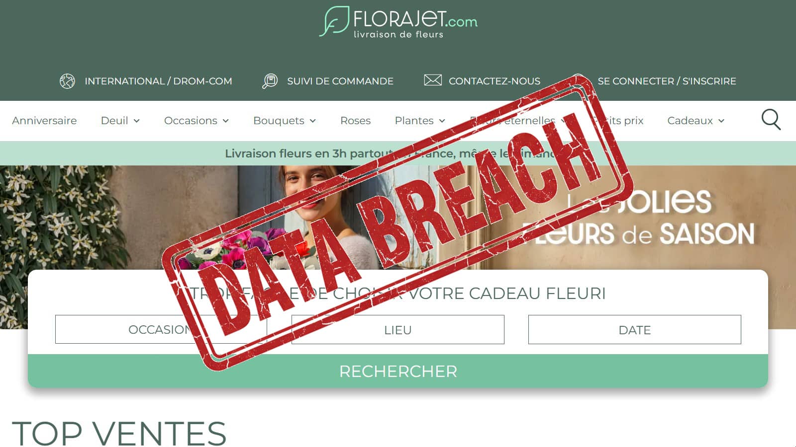 Site internet Florajet et tampon data breach (Crédit : capture Florajet)