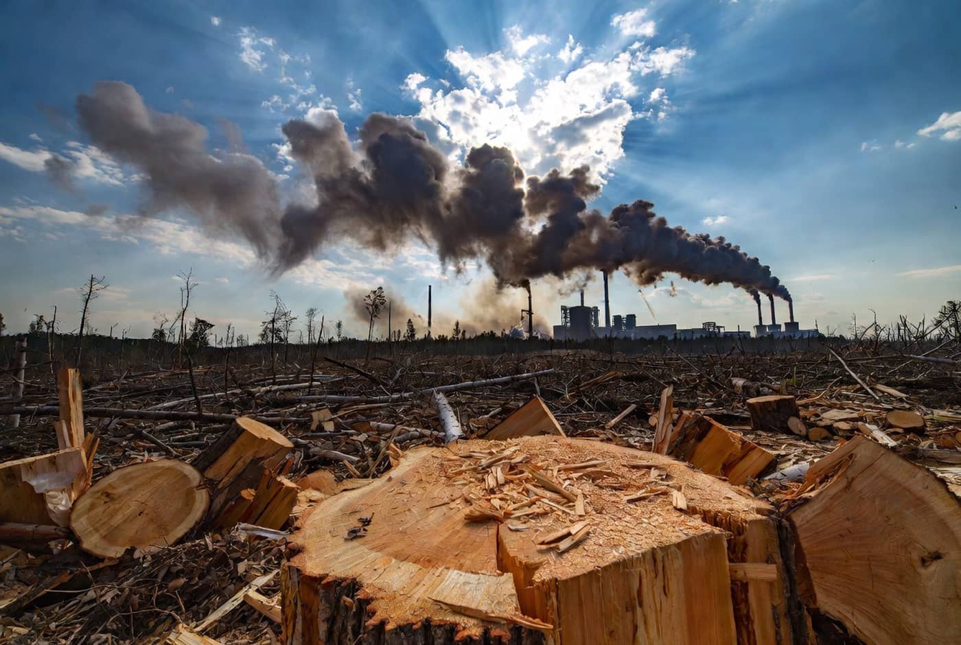 Une souche d’arbre devant une usine polluante (Crédit : Alex.I)