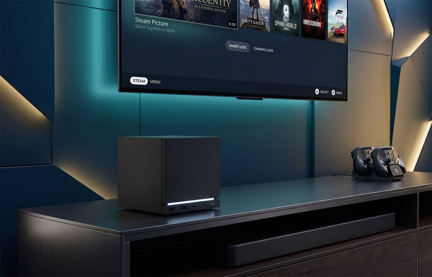 Steam machine la console de salon à côté d’un téléviseur (Crédit : Alex.I)