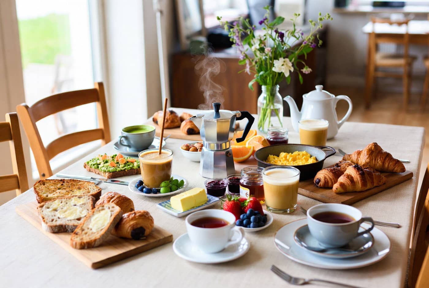 Table du petit déjeuner, avec thé, café, alternatives et viennoiseries (Crédit : Alex.I)