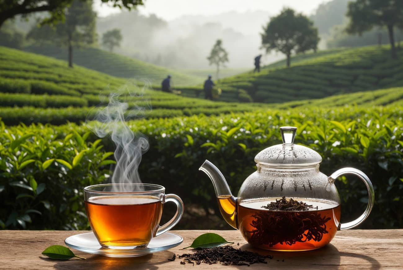 Une tasse de thé fumante et sa théière en verre (Crédit : Alex.I)