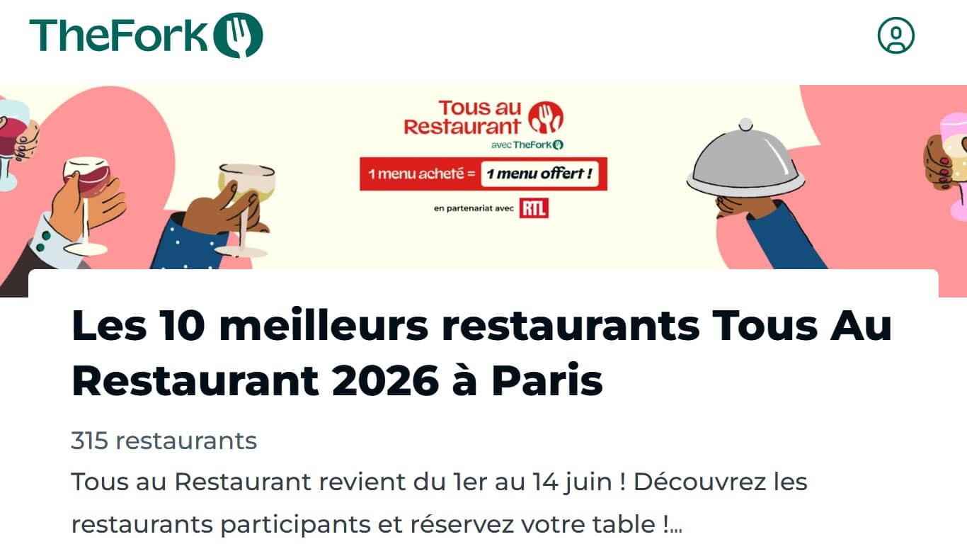 Page de recherche TheFork Tous au Restaurant 2026 (Crédit : capture TheFork)