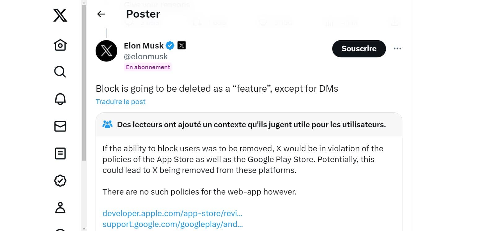 Tweet d’Elon Musk sur la fin de l’option de blocage sur X / Twitter