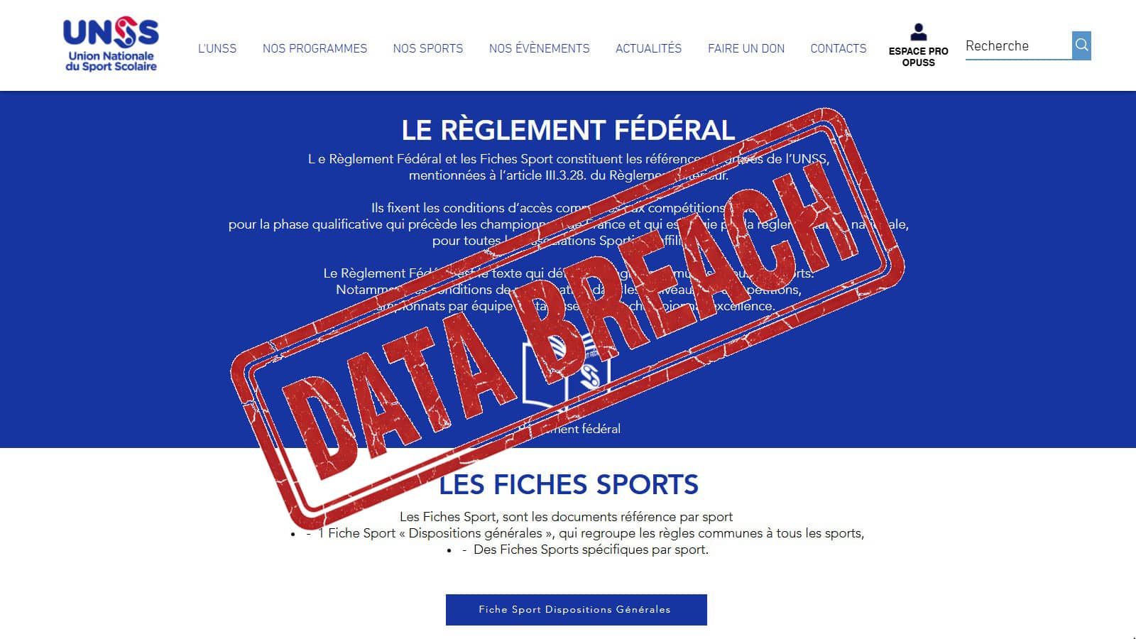 La page web UNSS avec un tampon Data Breach (Crédit : capture UNSS)