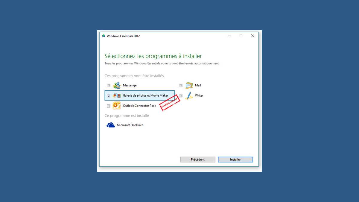 Fenêtre installation Windows Essentials 2012