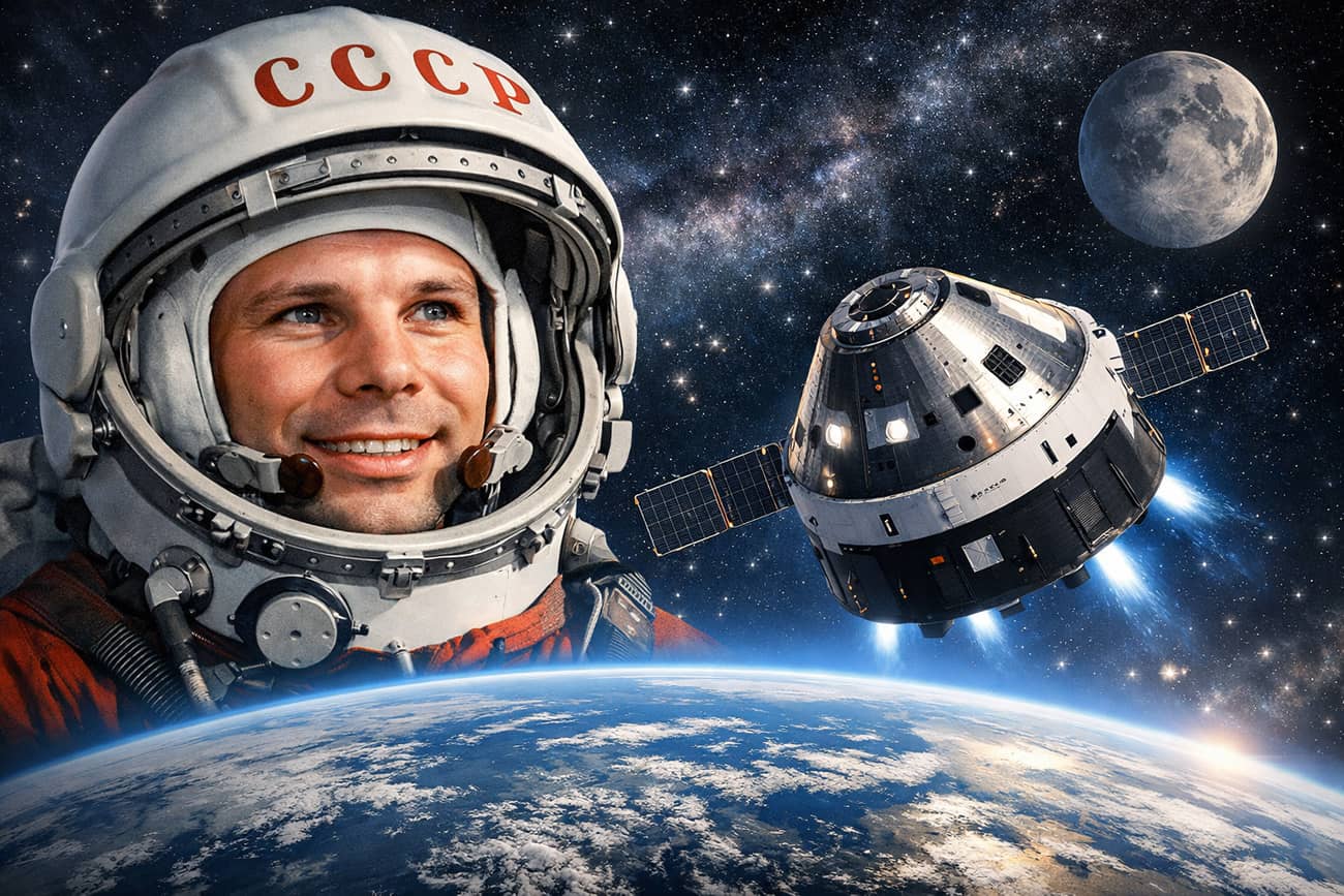 Youri Gagarine et la Terre avec la capsule Orion d’Artemis 2 (Crédit : Alex.I)