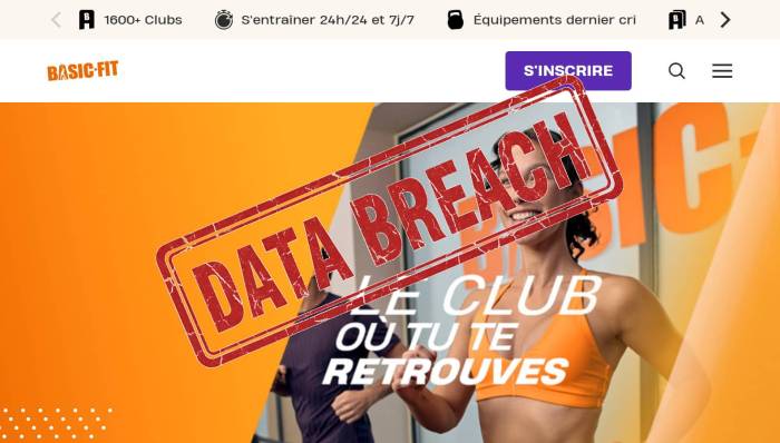 Basic Fit et tampon Data Breach (Crédit : capture site web)