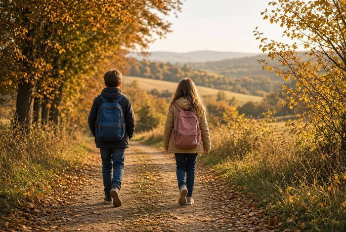 Deux enfants qui rentrent de l’école à la campagne (Crédit : Alex.I)
