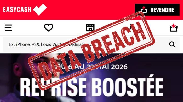 Page d’accueil Easy Cash et tampon Data Breach (Crédit : capture Easy Cash)