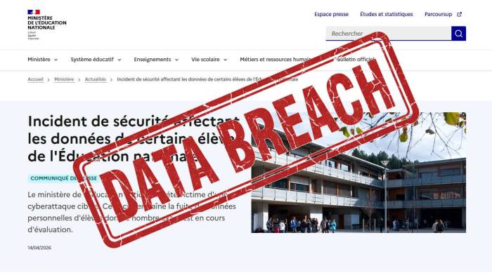 Page Éducation nationale et tampon Data Breach (Crédit : capture communiqué officiel)