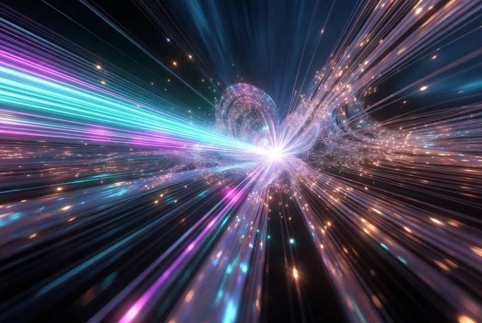Explosion de faisceaux laser photoniques futuristes multicolores (Crédit : Alex.I)