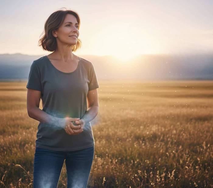Une femme dans un champs le regard tourné vers l’horizon (Crédit : Alex.I)
