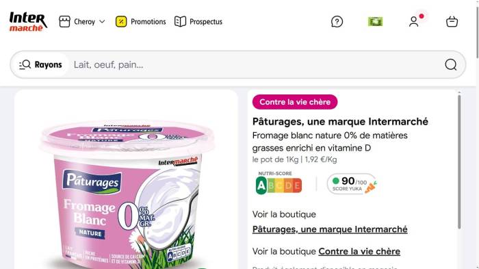 Un fromage blanc Pâturages avec un score de 90 avec Yuka (Crédit : capture Intermarché)