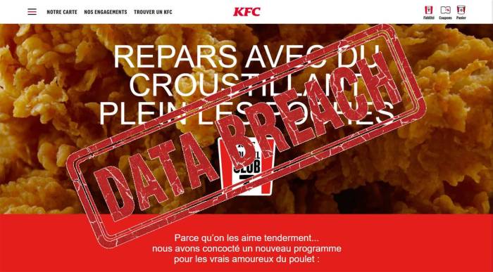 Page Colonel Club KFC et tampon Data Breach (Crédit : capture KFC)