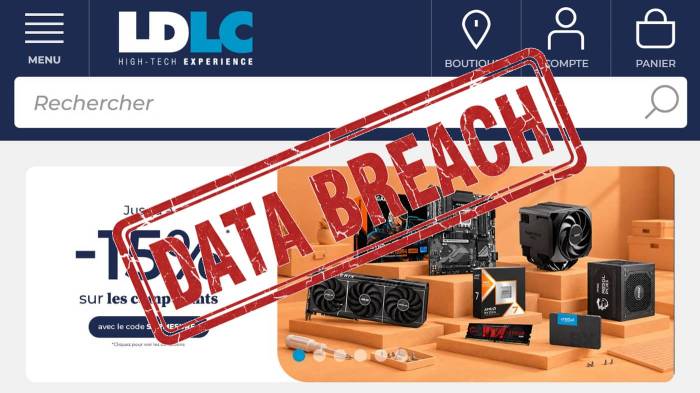 Page d’accueil LDLC et le tampon Data Breach (Crédit : capture site web)