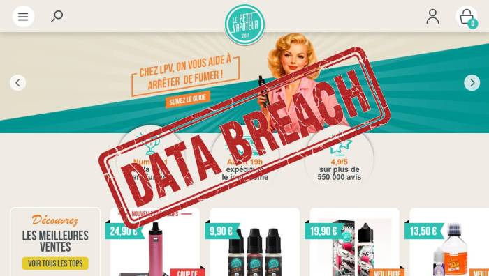 Le Petit Vapoteur et tampon Data Breach (Crédit : capture site web)