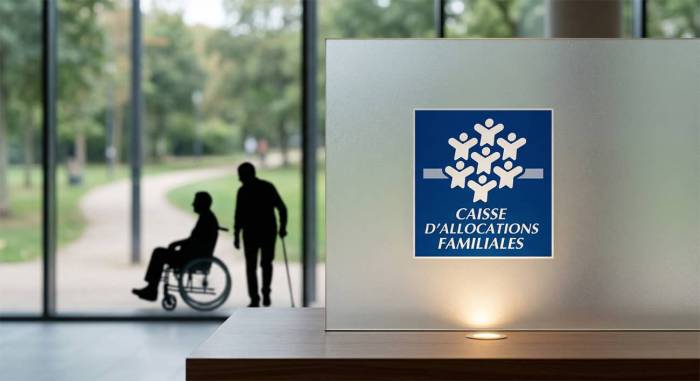 Le logo de la CAF avec deux personnes bénéficiant de l’AAH (Crédit : Alex.I)