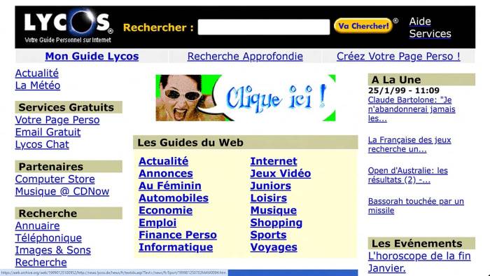 Page de démarrage Lycos.fr en 1999 et son Va chercher ! (Crédit : capture Web Archive)